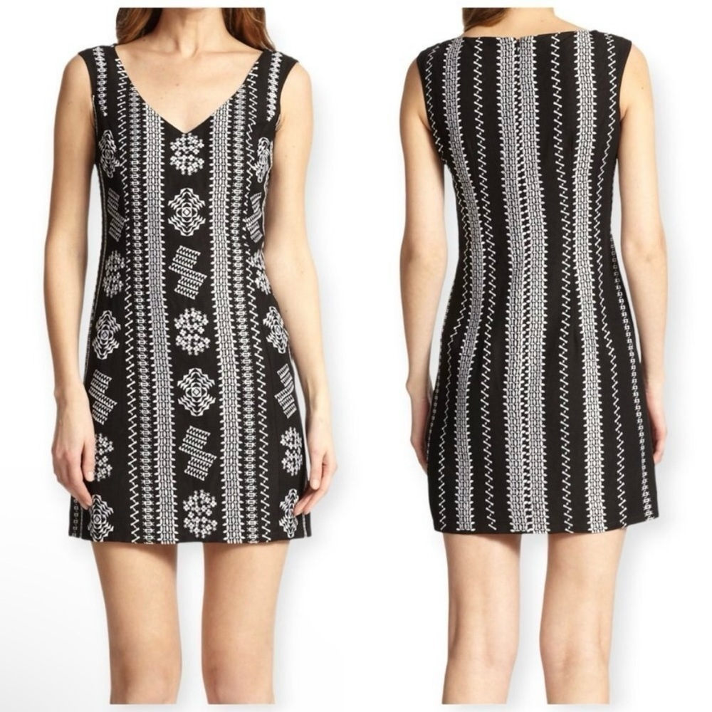 Nanette Lepore Up All Night Embroidered Dress Linen Sleeveless Sz 8 Black White